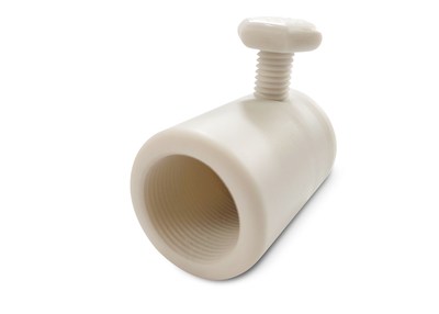 Threaded valve assembly produced in Figure 4 MED-WHT 10. This biocompatible material is suitable for use in general medical applications requiring translucency, sterilization, and/or thermal resistance, as well as consumer high temperature applications.
