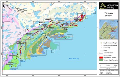 A geological map of the Tilt Cove Project in the Baie Verte Mining District of Newfoundland. The map highlights the Nugget Pond Horizon and the Venams Bight Formation as key host rocks to gold deposits at both the Tilt Cove and Point Rousse Projects as well as key exploration targets. The project is located approximately 45 km from the Company’s operating Pine Cove mill and tailings storage facilities. (CNW Group/Anaconda Mining Inc.)