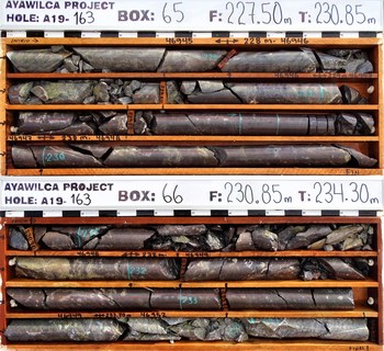 Figure 2.  Drill core of high grade interval (228-233.7 m) grading 32.6% zinc, 0.02% lead, 20 g/t silver. Sphalerite is noted by the reddish colour (CNW Group/Tinka Resources Limited)