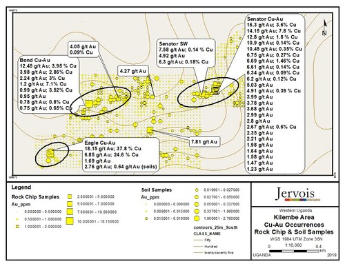 Figure 1: Kilembe area Cu-Au Occurrences, Rock Chip & Soil Samples (CNW Group/Jervois Mining Limited)