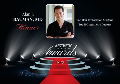 Alan J. Bauman, MD, ABHRS, IAHRS, Receives &ldquo;#1 Top Hair Restoration Surgeon&rdquo; and &ldquo;Top 100 Aesthetic Doctors&rdquo; in the Aesthetic Everything&reg; 2019 Aesthetic and Cosmetic Medicine Awards
