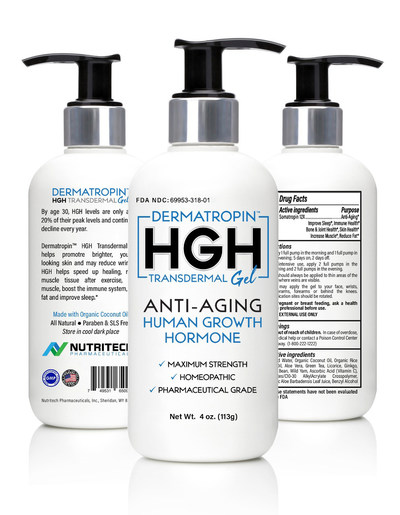 Dermatropin transdermal HGH gel in a convenient 5oz pump bottle. US list price $79.99 per month. 30 Day Supply