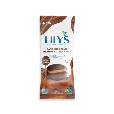 Perfect for the purse, take Lily's no added sugar Two-Pack of Dark Chocolate Peanut Butter Cups on the go to enjoy at the office, in the car, or on your next flight