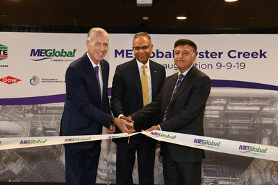 Dow CEO Jim Fitterling, EQUATE Group President and CEO Ramesh Ramachandran, and Kuwait Petroleum Corporation CEO Hashem Hashem cut the ribbon on the new MEGlobal Oyster Creek site, a 750,00 MTa ethylene glycol plant in Oyster Creek, TX on Sept. 9, 2019.