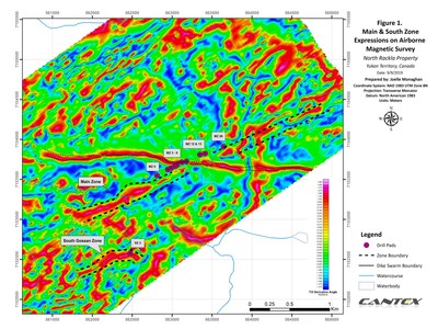 Figure 1. Main & South Zone Expressions on Airborne Magnetic Survey (CNW Group/Cantex Mine Development Corp.)