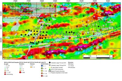 Figure 2: Interlake Structural Package and IP Lake Shear Corridor. Ice direction is SW to NE (CNW Group/Orford Mining Corporation)