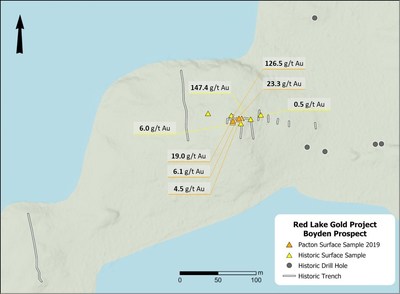 Figure 1. Boyden prospect area showing recent sample locations collected by Pacton with historic trenching, sampling and drilling locations. (CNW Group/Pacton Gold Inc.)