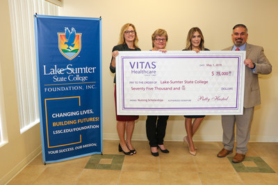 VITAS Healthcare&rsquo;s $75,000 grant will be issued as a scholarship for nursing students at Lake-Sumter State College with a portion allocated to supporting end-of-life care education. Pictured with VITAS staff is LSSC Foundation's Executive Director Laura Byrd, Ed.D (left) and Board President Josh Gonzales.