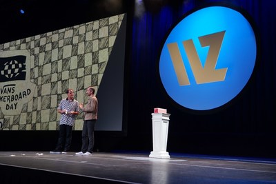Doug and Nirvan make joint Vans Checkerboard Day announcement during keynote speech at WORLDZ 2019.