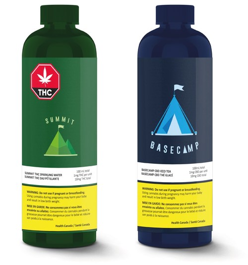 Image 1:  Summit THC Sparkling Water
Image 2:  Basecamp CBD Iced Tea (CNW Group/Valens GroWorks Corp.)