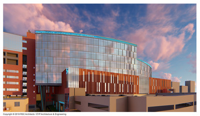 Rendering of Hackensack Meridian Health Hackensack University Medical Centers state-of-the-art, 530,000-square-foot patient pavilion along Second Street in Hackensack, NJ.