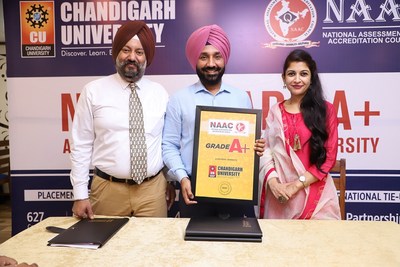 Satnam Singh Sandhu, Chancellor, Chandigarh University, Dr.S.S.Sehgal, Executive Director and Himani Sood, Director Corporate Relations announcing the NAAC Accreditation of the University at Chandigarh