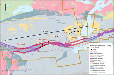 Figure 2. Drill plan map with three main mineralized zones at the Larder Gold Project (CNW Group/Gatling Exploration Inc.)