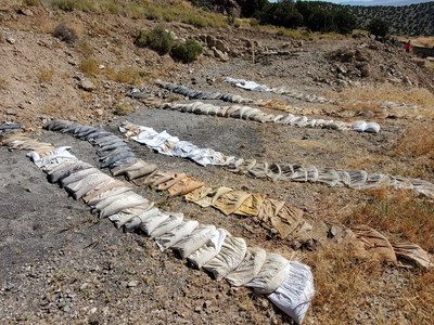 Image #1: Drill-hole #1 cloth sample bags, drying prior to shipment to the lab. Distinctive iron-oxide minerals diagnostic of mineralized zones are evident in multiple bags. (CNW Group/Barrian Mining Corp.)