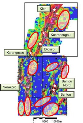 Figure 1 : Anomalies de sols cibles dans le cadre du programme de forage RC de 22 000 mtres (Groupe CNW/SEMAFO)