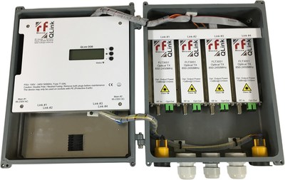 An inside look at the RF Designs Qlink O4T showing the SC/APC Optical Output Connectors with +3dBm of Optical Output Power.