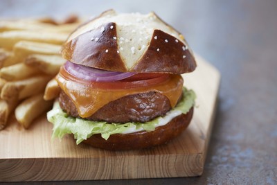 Beyond Burger with Cheddar Cheese on a Pretzel Bun at Shari’s