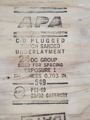 An example of an APA stamp, signifying that the product meets industry standards. Panels manufactured to meet APA performance standards must satisfy rigorous, exacting performance criteria for the intended applications.