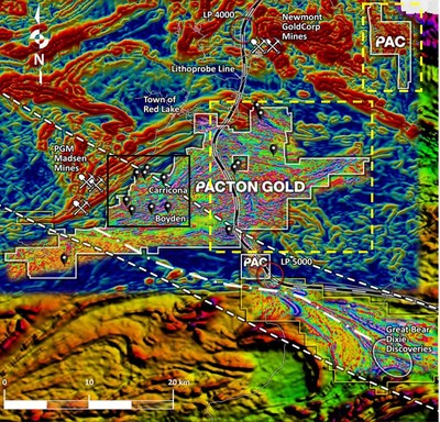 Figure 1. Pacton Red Lake claims superimposed on derivative, regional magnetic maps; and high-resolution heli-mag first derivative data. Lithoprobe transect WS-2b, conducted along a highway, is shown as a black and white line . Selected mines and selected gold occurrences (black teardrops) are indicated. A significant, 50 km multi-fault structural corridor is delimited by two white dashed lines that enclose the western part of Pacton’s main claim group, the recent Great Bear gold discoveries to the southeast and Pure Gold’s Madsen deposits to the northwest. The yellow hatched rectangles show magnetic and structural domains that transition to, and form part of the historic and prolific Red Lake gold mine trend. (CNW Group/Pacton Gold Inc.)