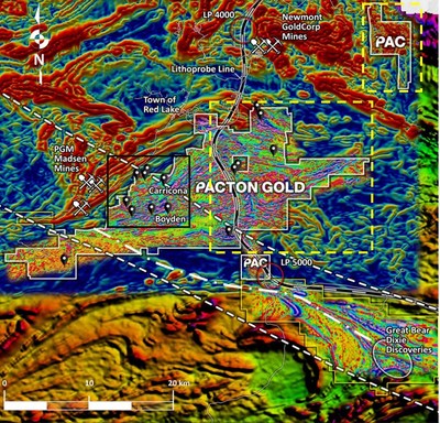 Figure 1. Pacton Red Lake claims superimposed on derivative, regional magnetic maps; and high-resolution heli-mag first derivative data. Lithoprobe transect WS-2b, conducted along a highway, is shown as a black and white line . Selected mines and selected gold occurrences (black teardrops) are indicated. A significant, 50 km multi-fault structural corridor is delimited by two white dashed lines that enclose the western part of Pacton’s main claim group, the recent Great Bear gold discoveries to the southeast and Pure Gold’s Madsen deposits to the northwest. The yellow hatched rectangles show magnetic and structural domains that transition to, and form part of the historic and prolific Red Lake gold mine trend. (CNW Group/Pacton Gold Inc.) Figure 1. Pacton Red Lake claims superimposed on derivative, regional magnetic maps; and high-resolution heli-mag first derivative data. Lithoprobe transect WS-2b, conducted along a highway, is shown as a black and white line . Selected mines and selected gold occurrences (black teardrops) are indicated. A significant, 50 km multi-fault structural corridor is delimited by two white dashed lines that enclose the western part of Pacton’s main claim group, the recent Great Bear gold discoveries to the southeast and Pure Gold’s Madsen deposits to the northwest. The yellow hatched rectangles show magnetic and structural domains that transition to, and form part of the historic and prolific Red Lake gold mine trend. (CNW Group/Pacton Gold Inc.)