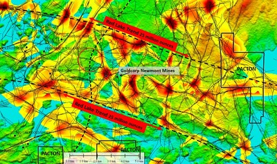 Figure 2. The Red Lake Gold Trend with current and past producing gold mines (black dots) and the location of Pacton claims near the trend. The regional structural fabric runs slightly NW- SE and contains identifiable, deep, regional structures that nest down from large to small scales, 800 m to 100 m in this figure, and even down to 12.5 m on Pacton claims where detailed surveys have been performed. The black lines trace the linear cores of 800 m, 400 m, 200 m and 100 m frequency structures. The larger structures run very deep. The influence of the structures are not restricted to the black lines. They have wider influence, as indicated by the yellow to red areas which show the 800 m and 400 m structural intersections. (CNW Group/Pacton Gold Inc.) Figure 2. The Red Lake Gold Trend with current and past producing gold mines (black dots) and the location of Pacton claims near the trend. The regional structural fabric runs slightly NW- SE and contains identifiable, deep, regional structures that nest down from large to small scales, 800 m to 100 m in this figure, and even down to 12.5 m on Pacton claims where detailed surveys have been performed. The black lines trace the linear cores of 800 m, 400 m, 200 m and 100 m frequency structures. The larger structures run very deep. The influence of the structures are not restricted to the black lines. They have wider influence, as indicated by the yellow to red areas which show the 800 m and 400 m structural intersections. (CNW Group/Pacton Gold Inc.)