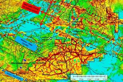 Figure 3. High-resolution magnetic and Lidar analysis within Pacton’s main group claim boundaries show distinct structural differences between the Madsen-Dixie corridor in the southwest portion of the main claim group and the denser and more prominent structures related to the Red Lake gold trend in the northeastern parts of the Pacton properties. (CNW Group/Pacton Gold Inc.) Figure 3. High-resolution magnetic and Lidar analysis within Pacton’s main group claim boundaries show distinct structural differences between the Madsen-Dixie corridor in the southwest portion of the main claim group and the denser and more prominent structures related to the Red Lake gold trend in the northeastern parts of the Pacton properties. (CNW Group/Pacton Gold Inc.)