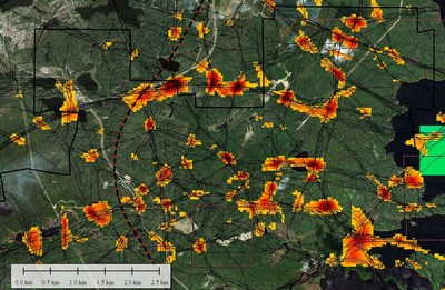 Figure 4. Magnetic and Lidar target map in the northeastern part of Pacton’s main claim group, immediately southeast of the town of Red Lake. Black lines indicate the centers of 800 m, 400 m, 200 m, and 100 m frequency structures. The red and orange zones indicate areas of higher fracture density which are prioritized for exploration. (CNW Group/Pacton Gold Inc.) Figure 4. Magnetic and Lidar target map in the northeastern part of Pacton’s main claim group, immediately southeast of the town of Red Lake. Black lines indicate the centers of 800 m, 400 m, 200 m, and 100 m frequency structures. The red and orange zones indicate areas of higher fracture density which are prioritized for exploration. (CNW Group/Pacton Gold Inc.)