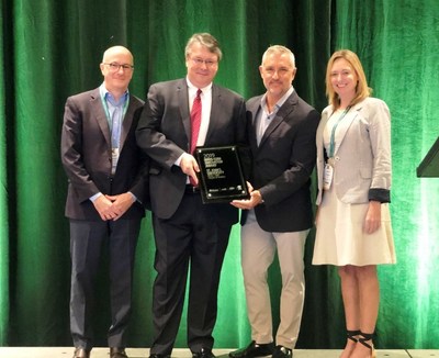 Representing St. John’s University, John Neumann from Tobin’s College of Business (center left) accepts the 2019 WRDS-SSRN Innovation Award from Gregg Gordon, SSRN, and Steve Sheehan and Lindsay Rees, from WRDS