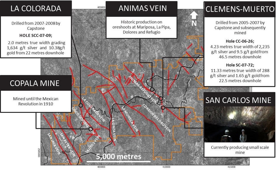 Figure 1:	Panuco district with major veins labelled and selected prospect details. (CNW Group/Vizsla Resources Corp.)