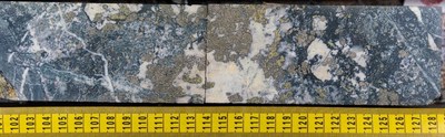 Multiple phases of pyrite with chalcopyrite mineralization. Image starting at 107.00m in NWDDH19-012; the second diamond drill hole at the NW Zone in 2019. Note mineralization is visually high-grade and not representative of the entire hole. (CNW Group/Crystal Lake Mining Corporation)