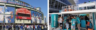 Left: Massive mesh banners build gameday excitement at Wrigley Field.; Right: BoxPop® mobile bar for Miami Dolphins tailgaters. (Britten/Activate)