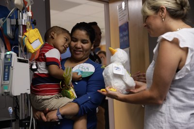 Benjamin, a child with cancer, receives his My Special Aflac Duck – a robotic companion to help children cope with cancer treatments – during a special event at Children’s Hospital of Philadelphia on Sept. 18, 2019. Benjamin, a child with cancer, receives his My Special Aflac Duck – a robotic companion to help children cope with cancer treatments – during a special event at Children’s Hospital of Philadelphia on Sept. 18, 2019.