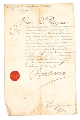 Letters from Louis XIV & Louis XV - Newly Discovered Important Canadian Historical Documents to be sold at A.H. Wilkens Auctions & Appraisals in Toronto (CNW Group/A.H. Wilkens)