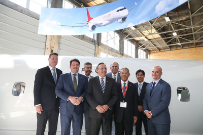 Left to right: Hubert Bolduc, Chief Executive Officer, Montréal International; Alex Bellamy, Chief Development Officer, Mitsubishi Aircraft Corporation; Guy Leblanc, Chief Executive Officer, Investissement Québec; François Legault, Quebec Premier, Government of Quebec; Pierre Fitzgibbon, Minister, Ministry of Economy and Innovation of Quebec; Hitoshi Iwasa, President, Mitsubishi Aircraft America; Osamu Izawa,  Consul General, General Consulate of Japan in Montréal; Jean-David Scott, Vice President, SpaceJet Montreal Center, Mitsubishi Aircraft Corporation (CNW Group/Mitsubishi Aircraft Corporation)