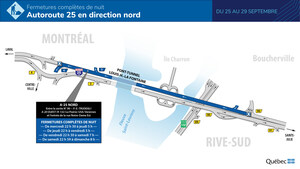 Autoroute 25 en direction nord entre Longueuil et Montréal - Fermetures complètes de nuit à venir la semaine prochaine