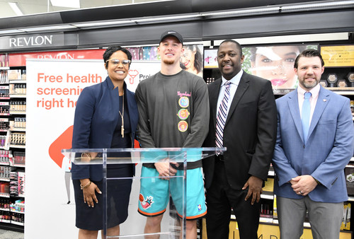State Representative Morgan Cephas; Donte DiVincenzo, NBA point guard for the Milwaukee Bucks and two-time NCAA champion with the Villanova Wildcats; Garth Graham, M.D., vice president of community health and impact at CVS and president of the Aetna Foundation; and John Strouse, District Leader, CVS Pharmacy attend  a Project Health screening event on Friday, Sept. 20. Friday’s event was one of 48 free health screenings taking place in the Philadelphia area between now and the end of the year.
