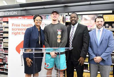 State Representative Morgan Cephas; Donte DiVincenzo, NBA point guard for the Milwaukee Bucks and two-time NCAA champion with the Villanova Wildcats; Garth Graham, M.D., vice president of community health and impact at CVS and president of the Aetna Foundation; and John Strouse, District Leader, CVS Pharmacy attend  a Project Health screening event on Friday, Sept. 20. Friday&rsquo;s event was one of 48 free health screenings taking place in the Philadelphia area between now and the end of the year.