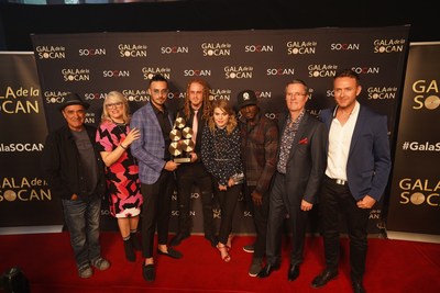 Some of the 30th annual SOCAN Montreal Awards winners (from left to right): Florent Vollant (SOCAN Classics), Geneviève Côté, SOCAN's Chief Quebec Affairs Officer, Banx & Ranx (International Award), Coeur de pirate (Songwriter of the Year), Ousmane Traoré - Dubmatique (SOCAN Classics), Eric Baptiste, SOCAN’s Chief Executive Officer, Steve Marin (Non-Performing Songwriter of the Year). (Photo: Benoit Rousseau/SOCAN) (CNW Group/SOCAN)