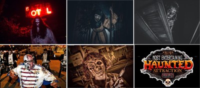 Most Entertaining Haunted Attractions from left to right: Bates Motel Haunted House, Glen Mills, Pennsylvania; 13th Floor Haunted House, Denver, CO; Haunted Hotel, San Diego, CA; Cutting Edge, Fort Worth, TX; Dent Schoolhouse Haunted House, Cincinnati, OH