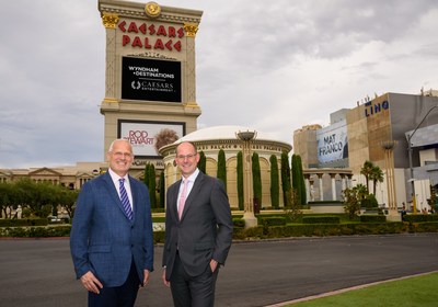 Gary Selesner (l), Las Vegas regional president for Caesars Entertainment, with Michael Brown, president and CEO of Wyndham Destinations, at the iconic Caesars Palace in Las Vegas.