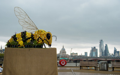 A giant, edible Bee sculpture, created by Yeo Valley to celebrate Organic  September and International Organic Day, Southbank, London. PRESS  ASSOCIATION Photo. Picture date: Sunday September 22, 2019. The  unveiling of the bee shaped sculpture, which is covered in organic  produce aims to raise awareness of the importance of organic products  and benefits of organic farming. Photo credit: Anthony Upton/PA Wire