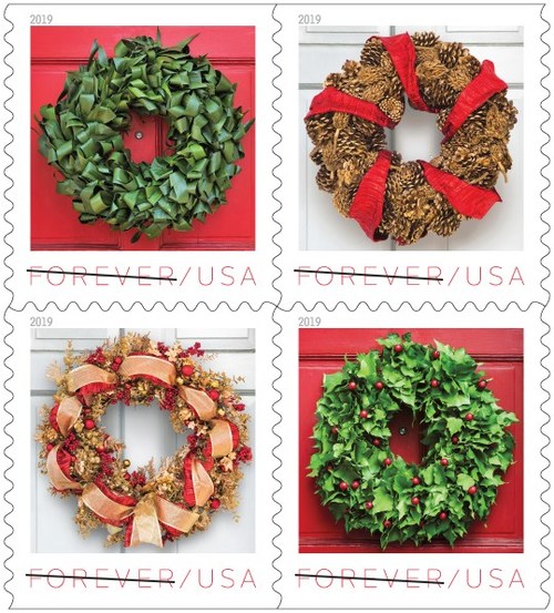 Inspired by the holiday decorating traditions of early America, the four designs featured on the new Holiday Wreath stamps are classic yet contemporary. Wreaths are often made from materials easily found during the winter months, including pinecones, dried flowers and berries.
