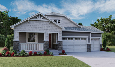 Richmond American’s ranch-style Alcott plan at The Back Nine at Reunion in Commerce City features a charming covered porch and convenient 3-car garage.