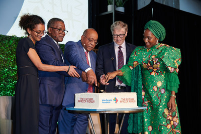 Hadeel Ibrahim, Co-Chair, The Africa Center; Aliko Dangote, Chairman, Aliko Dangote Foundation; Mo Ibrahim, Chair, Mo Ibrahim Foundation; Bill Gates, co-founder, Bill and Melinda Gates Foundation and Halima Dangote, Board President, The Africa Center cut a cake at the Future Africa Forum at The Africa Center in New York, where a transformative $20 million donation by the Aliko Dangote Foundation was announced. In recognition of this historic donation, the Center renamed its venue "The Africa Center at Aliko Dangote Hall" at a ceremony during the Future Africa Forum.