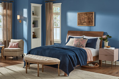 Finian Blue: Decadent jewel-toned blues and nostalgic neutrals get a modern twist with the romantic nuances of blush pink and gold accents. The perfect getaway from a busy life.