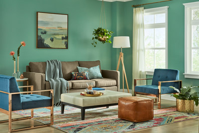 Restful: Restful greens and decadent blues pair with lush, velvety fabrics and gold details to make a cozy night at home feel like a private retreat. Touches of vibrant coral lend a happy vibe to this relaxing space.