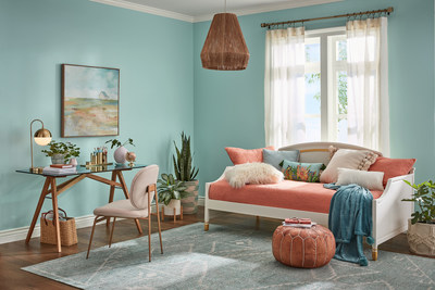 Mint to Be: Minty blues and playful corals strike a delightfully optimistic note. The soothing qualities of Mint To Be beautifully balance the energetic nature of Coral Reef while Fundamental White keeps things light and airy.